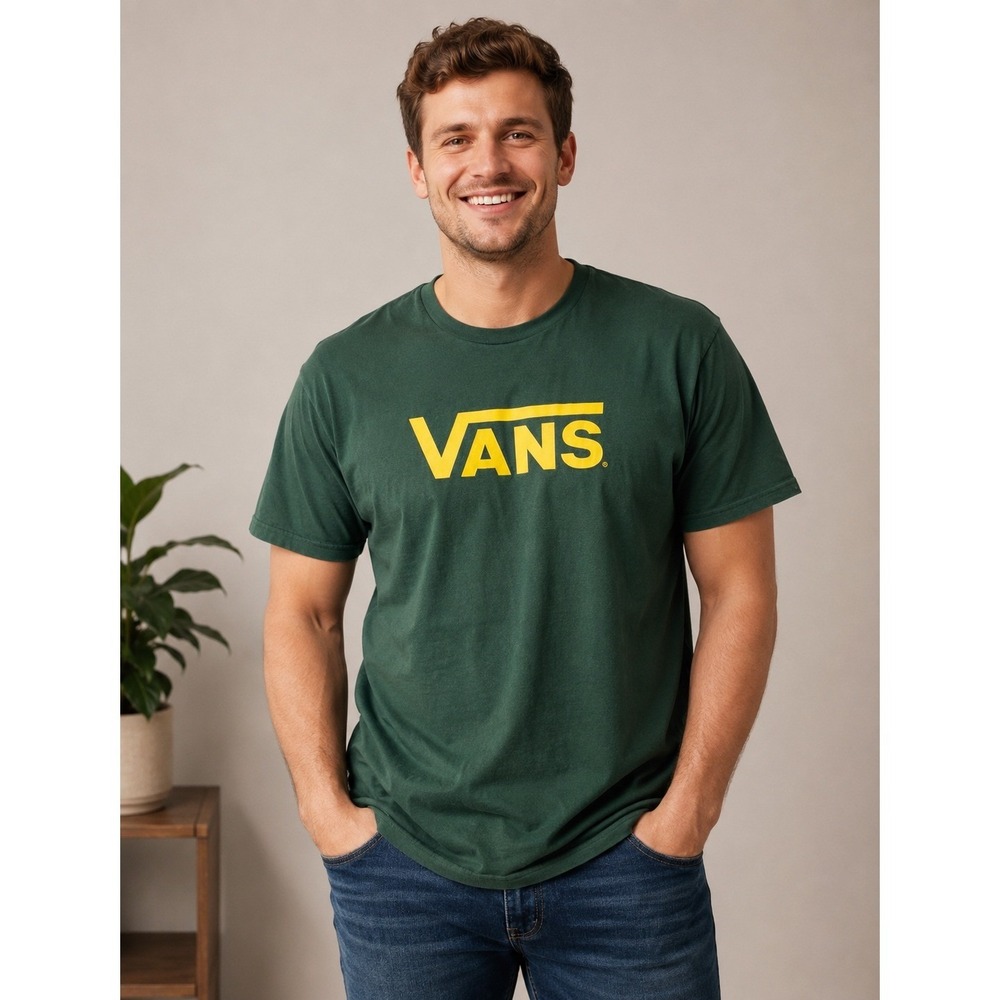 Vans Mens Classic Logo Graphic T-Shirt Green Yellow Short Sleeve Crew Neck L